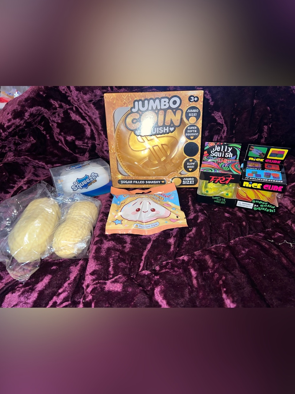 7Pc Jumbo Squishy Lot Jumbo Coin Crunchy
Soap Peanuts cubes blind bag